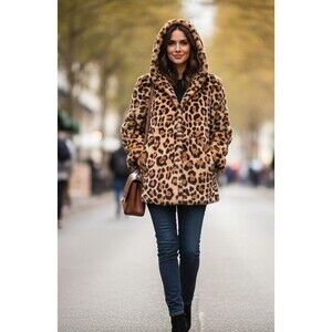 DESIGNER RTA ANIMAL PRINT RABBIT FUR HOODED LONG SLEEVE MIDI LENGTH SIZE XSMALL